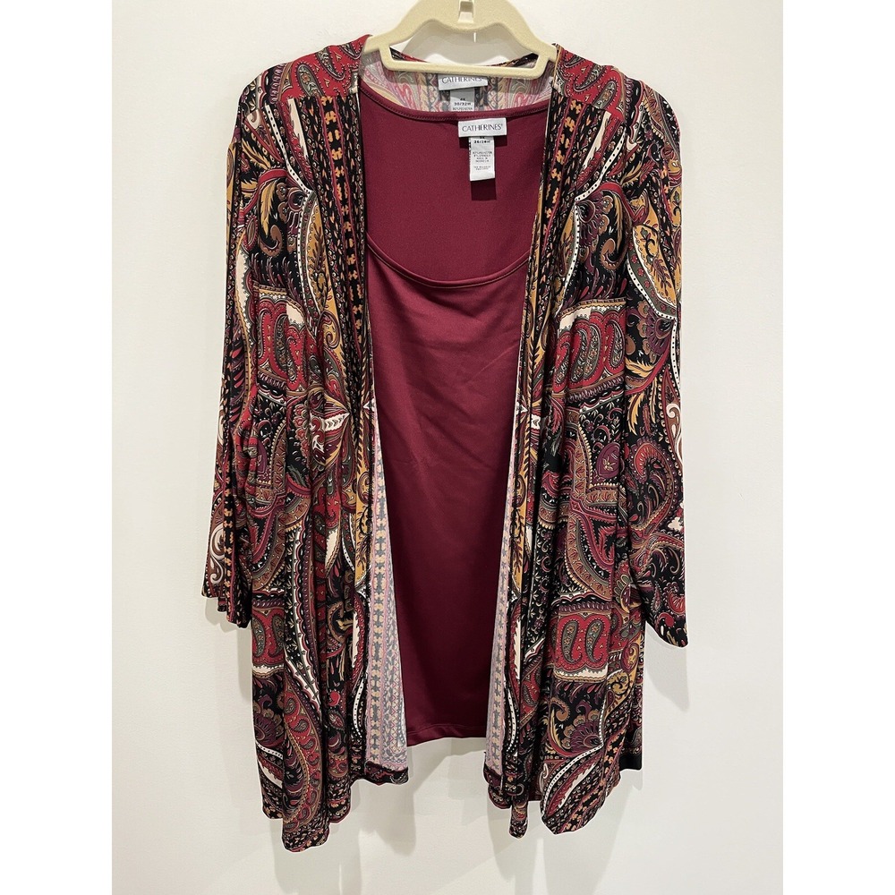 Catherines‎ Women 3X/4X Cardigan And Blouse Set Paisley Open Knit Stretch Travel